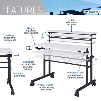 Techni Mobili Rolling Writing Desk with Height Adjustable Desktop and Moveable Shelf, White