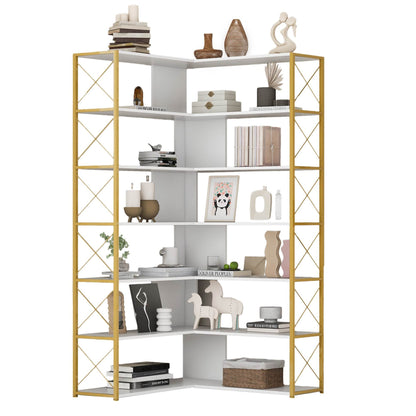 Golden+White 7-Tier Bookcase Home Office Bookshelf,  L-Shaped Corner Bookcase with Metal Frame, Industrial Style Shelf with Open Storage, MDF Board