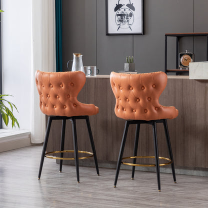 A&A Furniture,Counter Height 25" Modern Leathaire Fabric bar chairs,180° Swivel Bar Stool Chair for Kitchen,Tufted Gold Nailhead Trim Bar Stools with Metal Legs,Set of 2 (Orange)