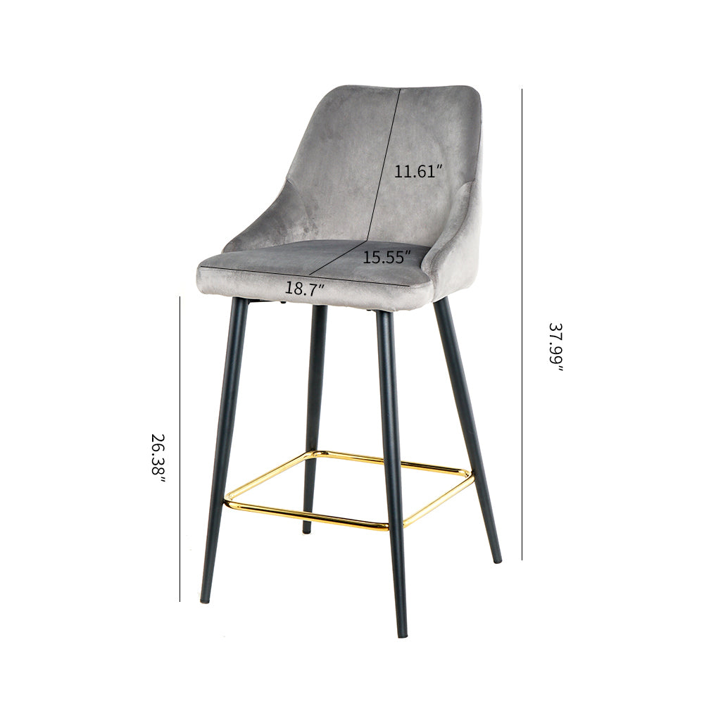 Luxury Modern Gray Velvet Upholstered High Bar Stool Chair With Gold Legs(set of 2)