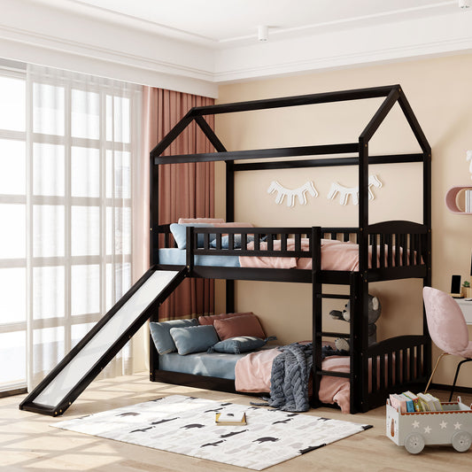 Twin Over Twin Bunk Bed with Slide, House Bed with Slide, Espresso(OLD SKU: LP000213AAP)