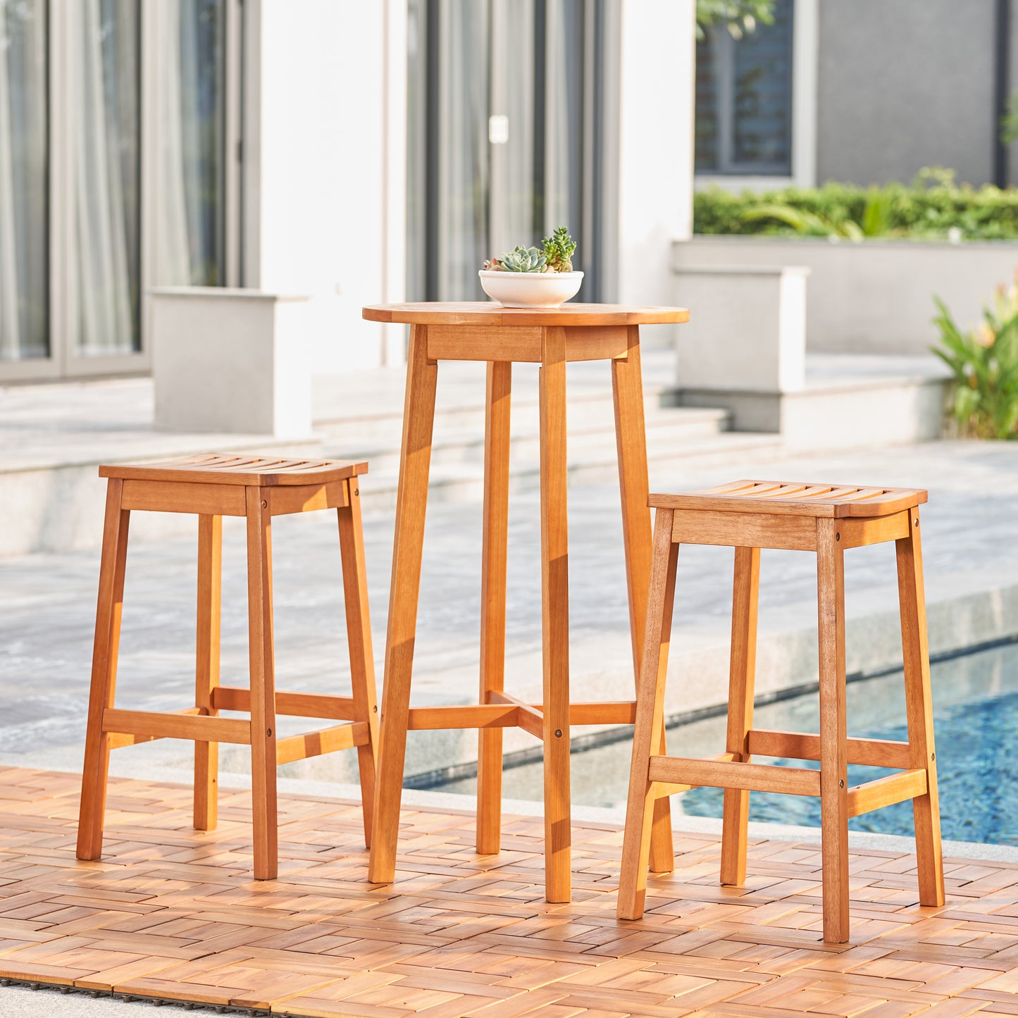 Kapalua Honey 3-piece Nautical Eucalyptus Wodden Outdoor Bar Set