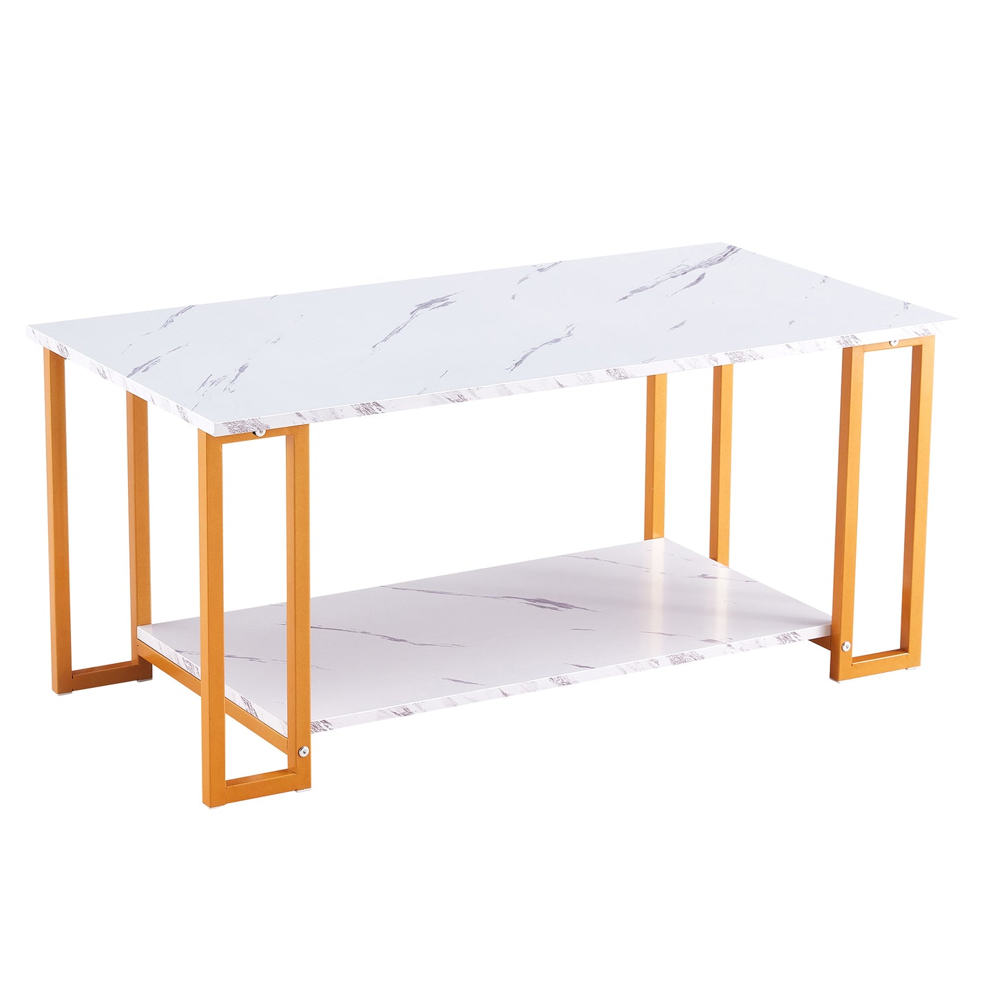 D&N Coffee Table, 2 Layers 1.5cm Thick Marble MDF Rectangle 39.37" L Tabletop Iron Coffee Table , Dining Room, Coffee Shop, Resterant, White Top, Gold Leg