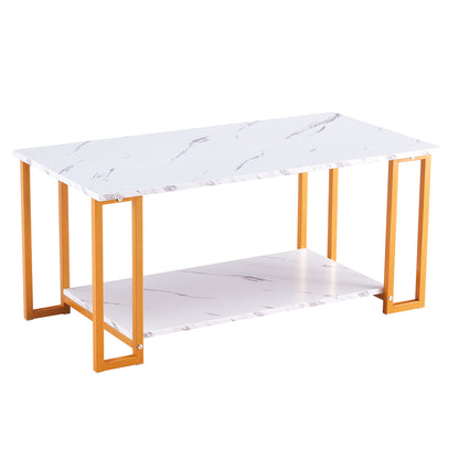 D&N Coffee Table, 2 Layers 1.5cm Thick Marble MDF Rectangle 39.37" L Tabletop Iron Coffee Table , Dining Room, Coffee Shop, Resterant, White Top, Gold Leg