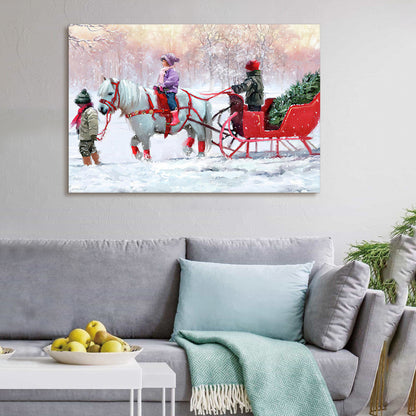 Framed Canvas Wall Art Decor Painting For Chrismas, White Horse with Sledge Chrismas Gift Painting For Chrismas Gift, Decoration For Chrismas Eve Office Living Room, Bedroom Decor-Ready To Hang