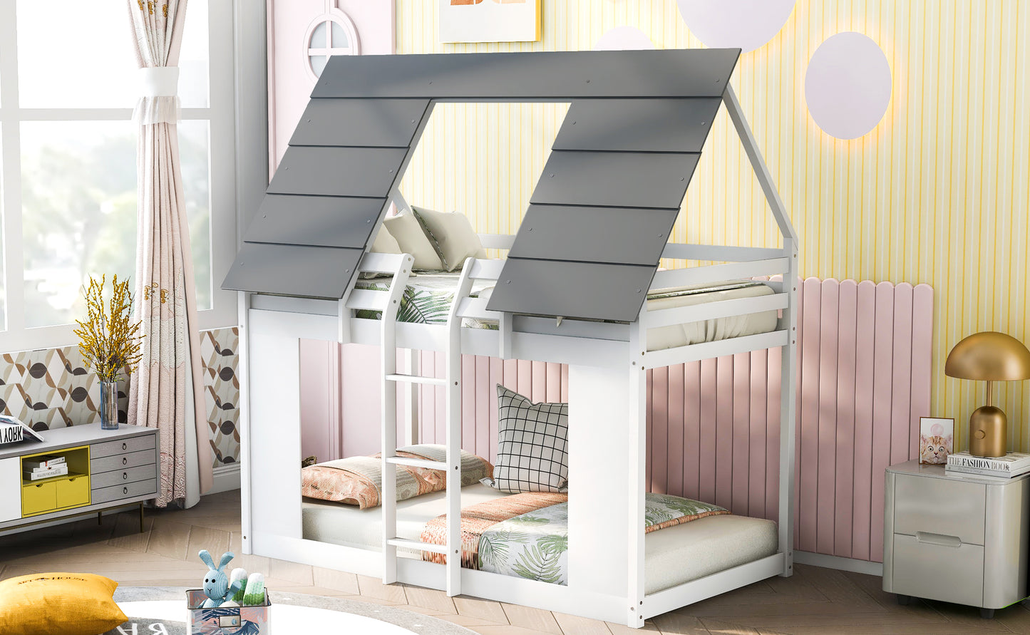 House Bunk Bed with Roof and Built-in Ladder,White(OLD SKU:GX000517AAK)