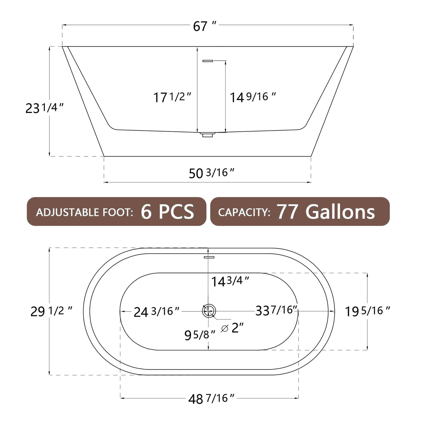 67" Acrylic Free Standing Tub - Classic Oval Shape Soaking Tub, Adjustable Freestanding Bathtub with Integrated Slotted Overflow and Chrome Pop-up Drain Anti-clogging Gloss White