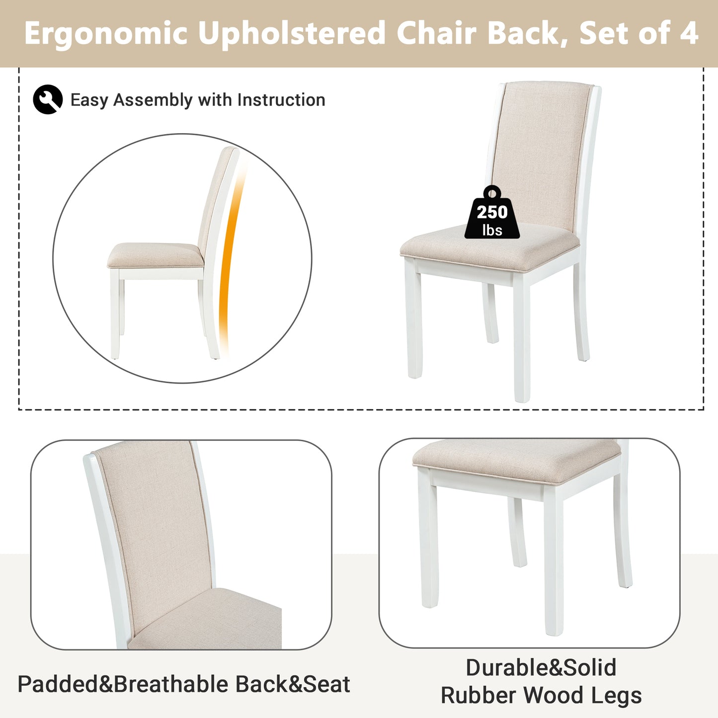 TOPMAX Farmhouse 4-Piece Wood Full Back Dining Chairs Set with Upholstered Cushions for Small Places, White+Cushion Beige