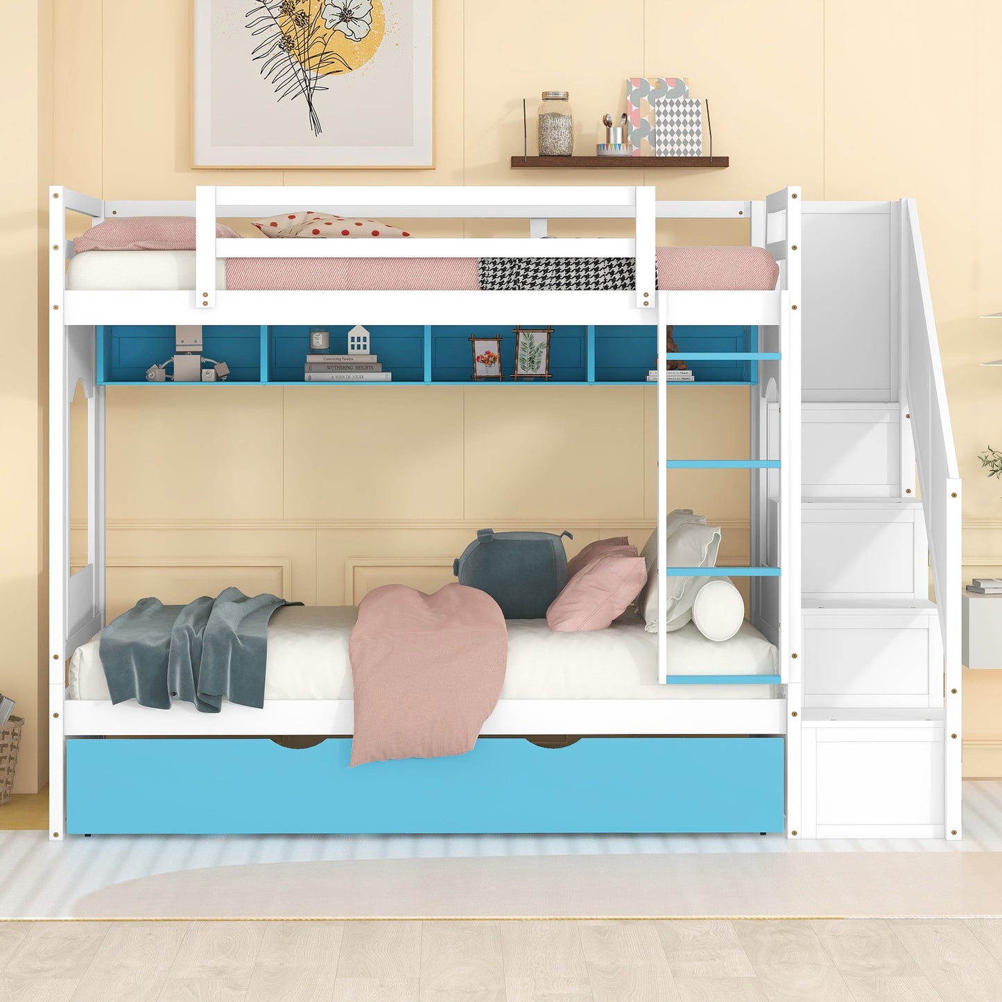 Twin Over Twin Bunk Bed with Trundle ,Stairs,Ladders Solid Wood Bunk bed with Storage Cabinet （White + Blue）