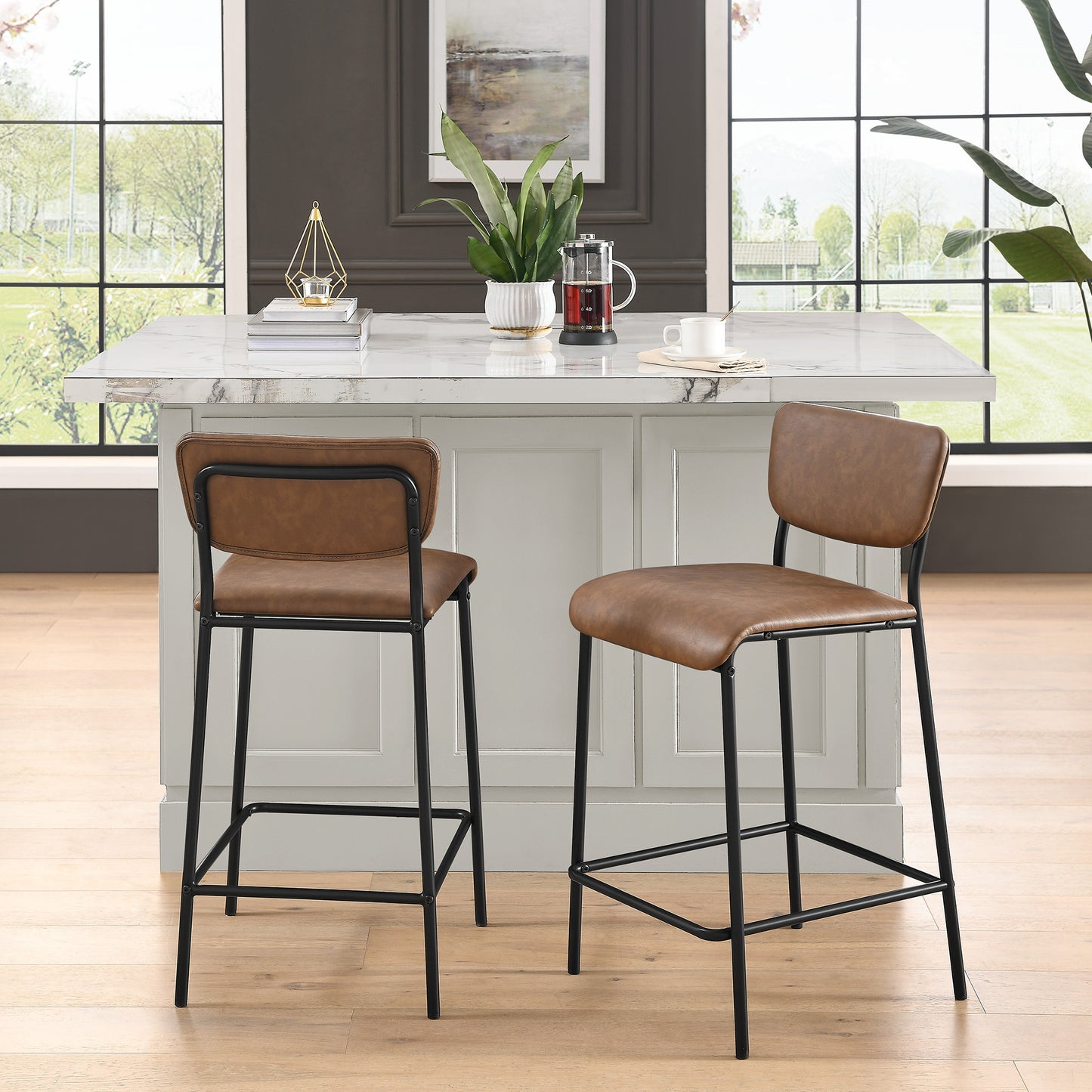 Pu Faux Leather Counter Stools Set of 2, Pub Counter Stool with Back and Footrest, Brown (17.5"x19.25“x34.5”）