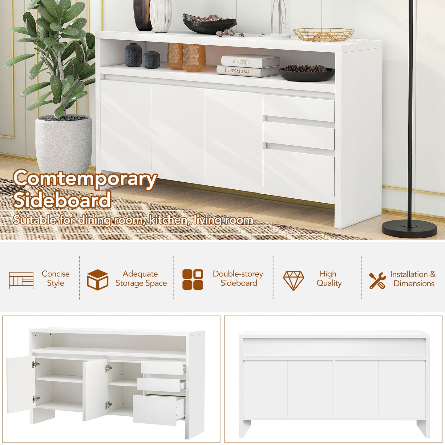 TREXM Comtemporary Sideboard MDF Storage Cabinet with Double-Storey Tabletop, Two Cabinets and Three Drawers for Dining Room, Kitchen, Living Room (White)