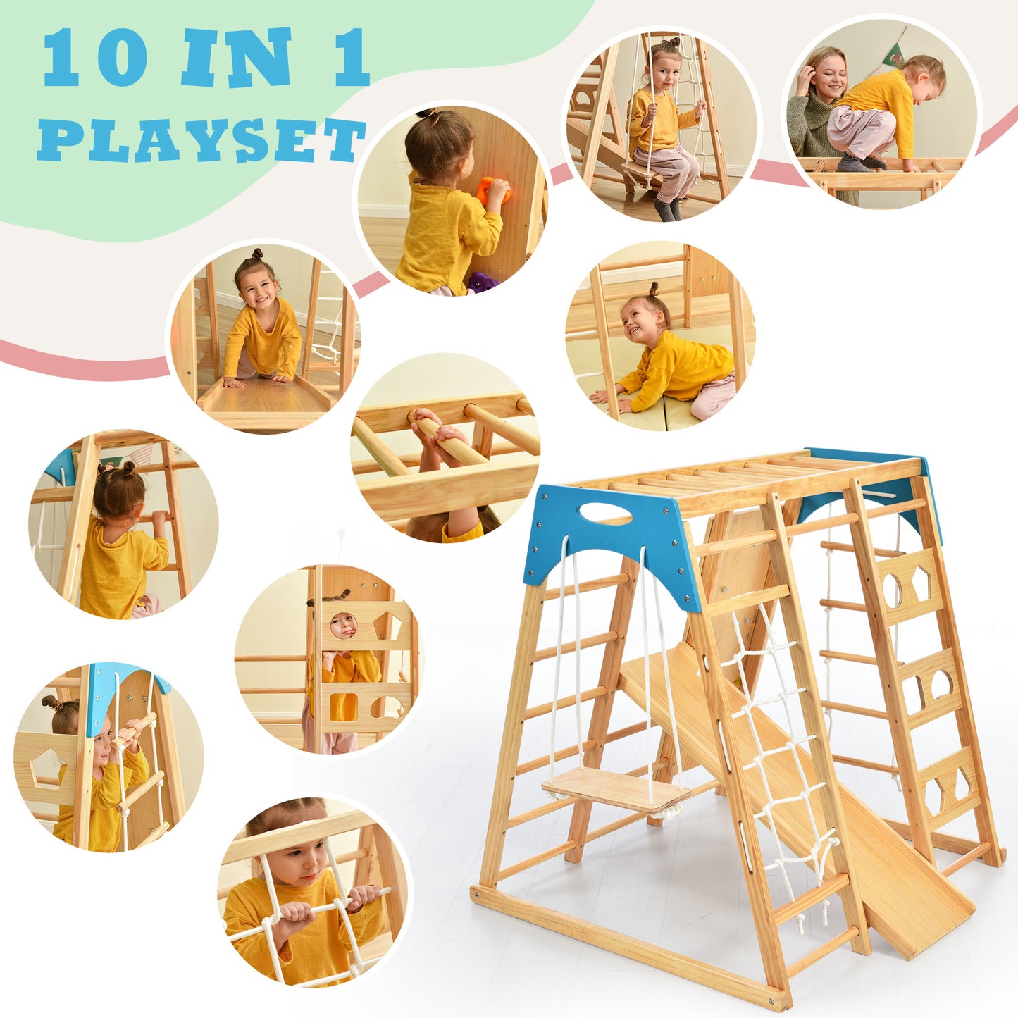 Wooden Indoor Kids Playground Jungle Gym with Slide, Toddlers Wooden Climber 8-in-1 Slide Playset, Wooden Rock Climbing Wall with Rope Wall Climb, Monkey Bars, and Swing for Kids