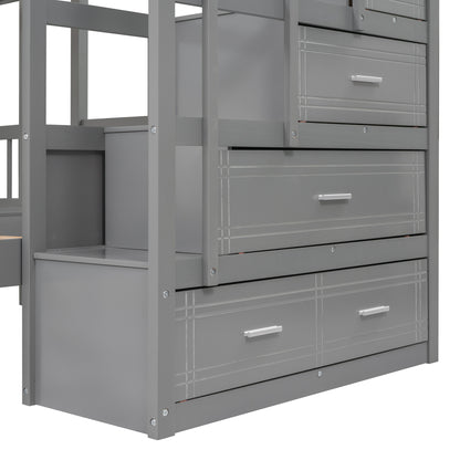 Full Over Twin & Twin Bunk Bed, Wood Triple Bunk Bed with Drawers and Guardrails (Gray)