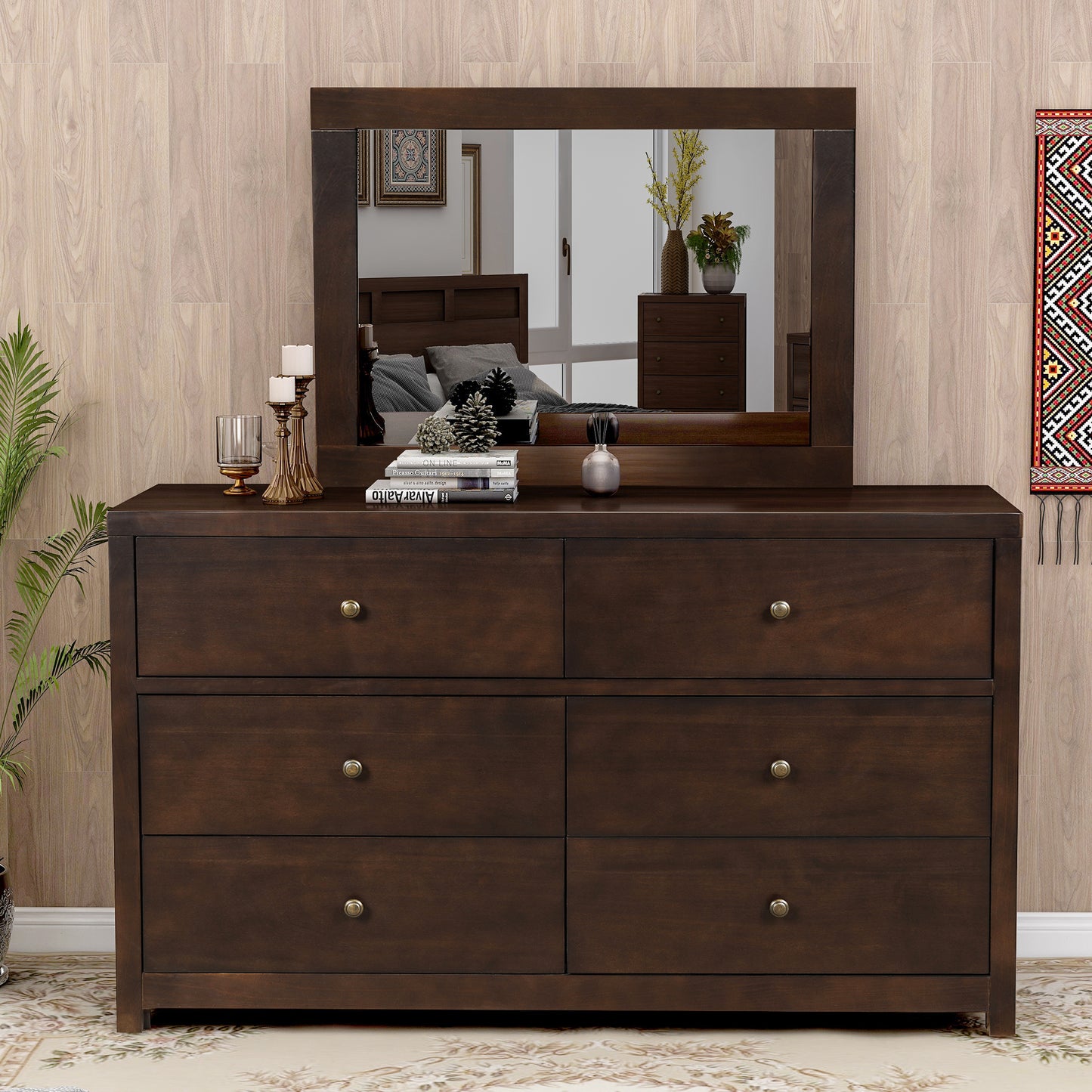 Vintage Aesthetic Solid Wood 6 Drawer Double Dresser in Rich Brown (Dresser of Freely Configurable Bedroom Sets)