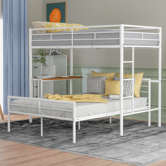 Twin Over Full Metal Bunk Bed with Desk, Ladder and Quality Slats for Bedroom, Metallic  White（OLD SKU :LP000092AAK）