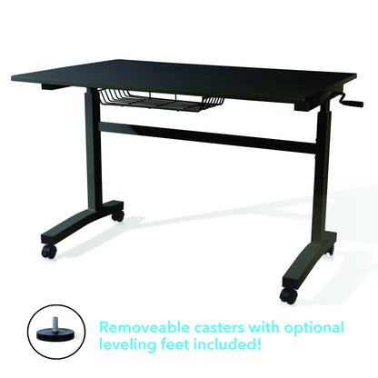 Atlantic Sit Stand Desk with Casters - Black (Height Adjustable) with side crank (switchable either side, left or right side crank)