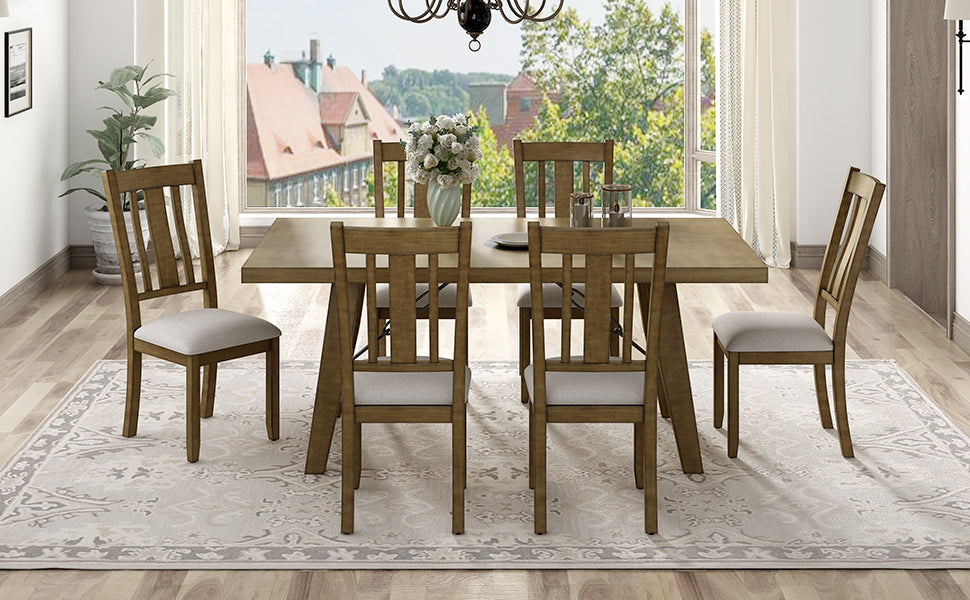 TREXM 7-Piece Dining Room Set - 72" Industrial Style Rectangular Table with Chain Bracket and 6 Dining Chairs (Natural Walnut)