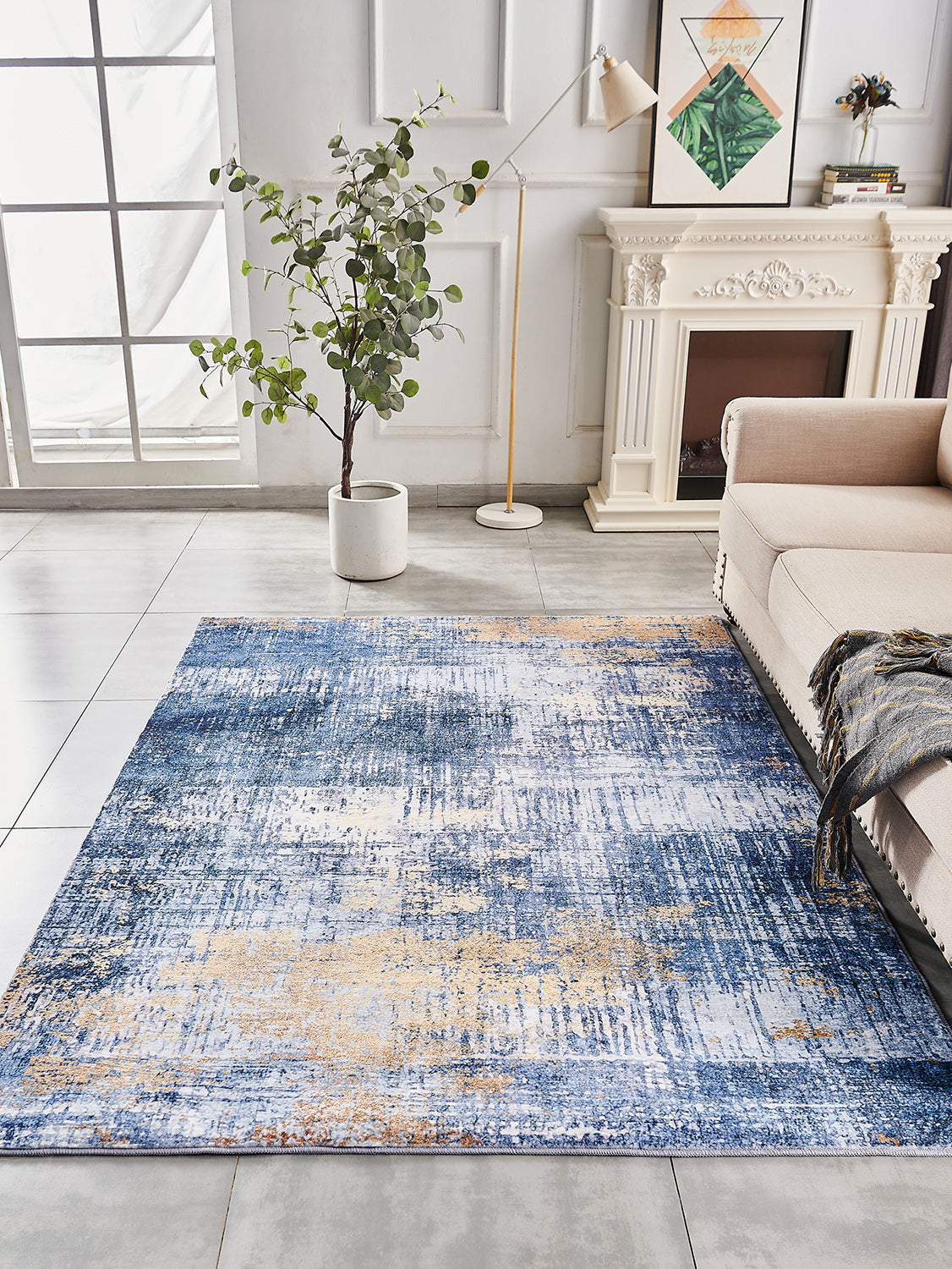 ZARA Collection Abstract Design Blue Gold Machine Washable Super Soft Area Rug