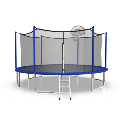 16ft Trampoline with Enclosure, New Upgraded Kids Outdoor Trampoline with Basketball Hoop and Ladder, Heavy-Duty Round Trampoline，Blue