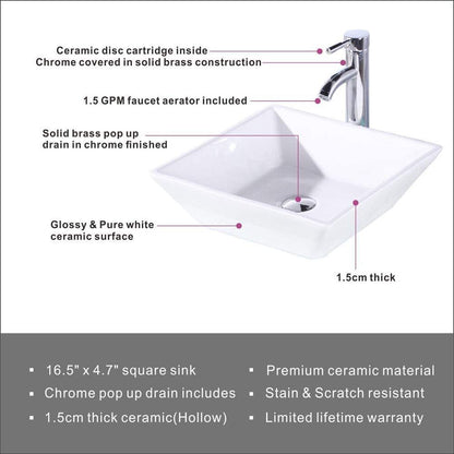 16.5" Square Bathroom Vessel Sink White Porcelain Counter Bowl for Bathroom Vanity