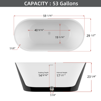 59" Acrylic Free Standing Tub - Classic Oval Shape Soaking Tub, Adjustable Freestanding Bathtub with Integrated Slotted Overflow and Chrome Pop-up Drain Anti-clogging Gloss Black