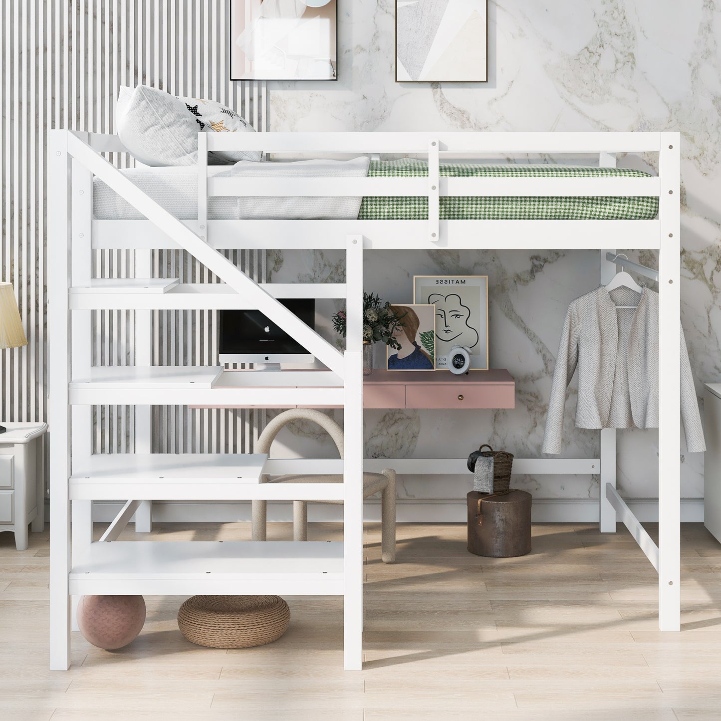 Full Size Loft Bed with Built-in Storage Staircase and Hanger for Clothes,White