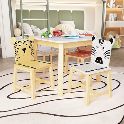 5 Piece Kiddy Table and Chair Set , Kids Wood Table with 4 Chairs Set Cartoon Animals (bigger table)（3-8 years old）