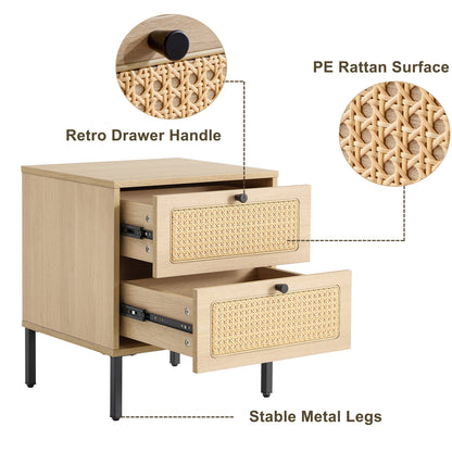 Modern simple storage cabinet MDF Board bedside cabinet Japanese rattan bedside cabinet Small household furniture bedside table.Applicable to dressing table in bedroom, porch, living room.2 Drawers