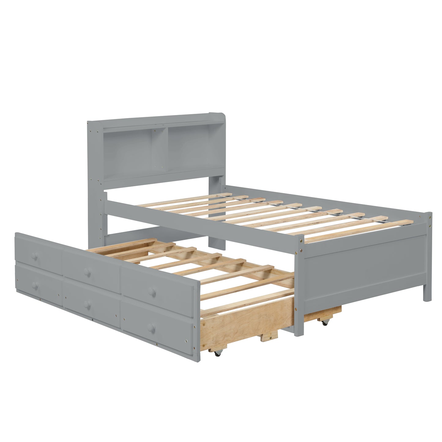 Twin Bed with Twin Trundle,Drawers,Grey