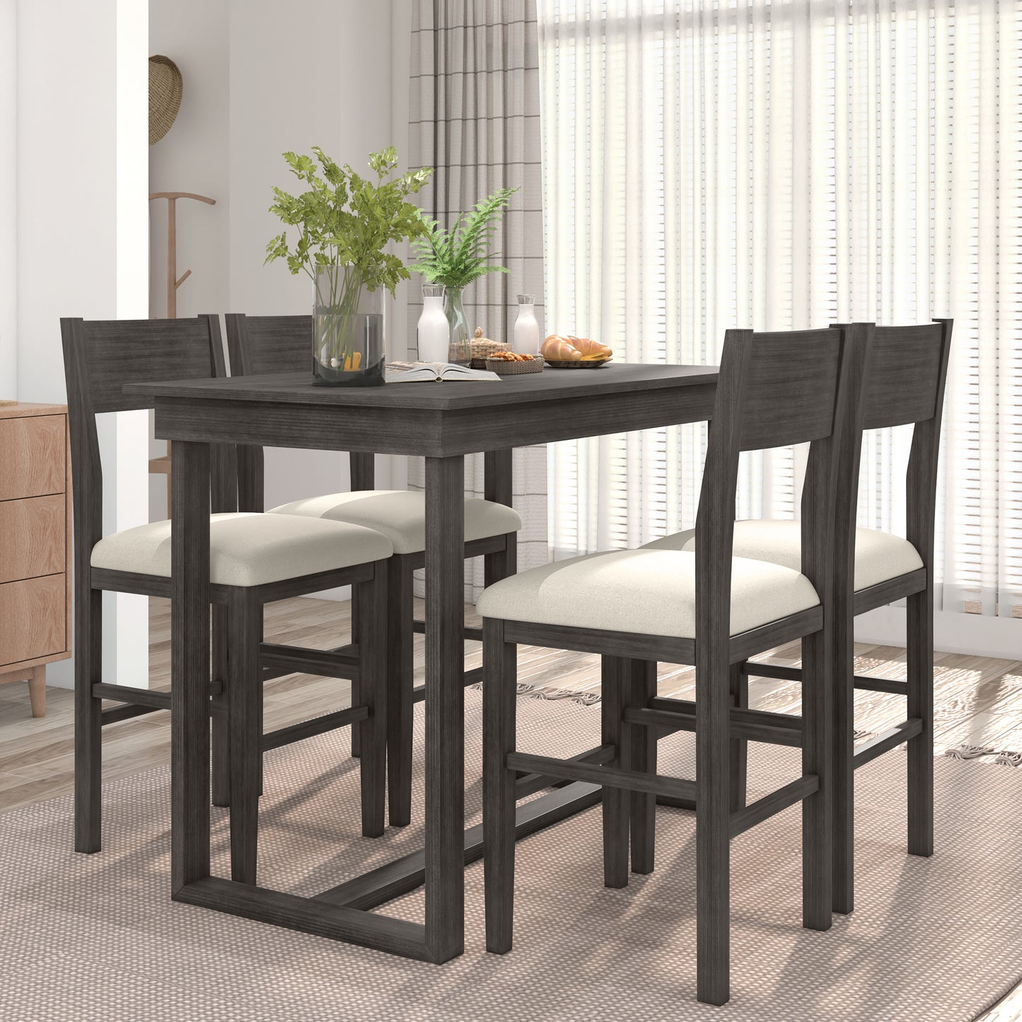 TOPMAX Farmhouse Counter Height 5-Piece Dining Table Set with 1 Rectangular Dining Table and 4 Dining Chairs for Small Places,Gray