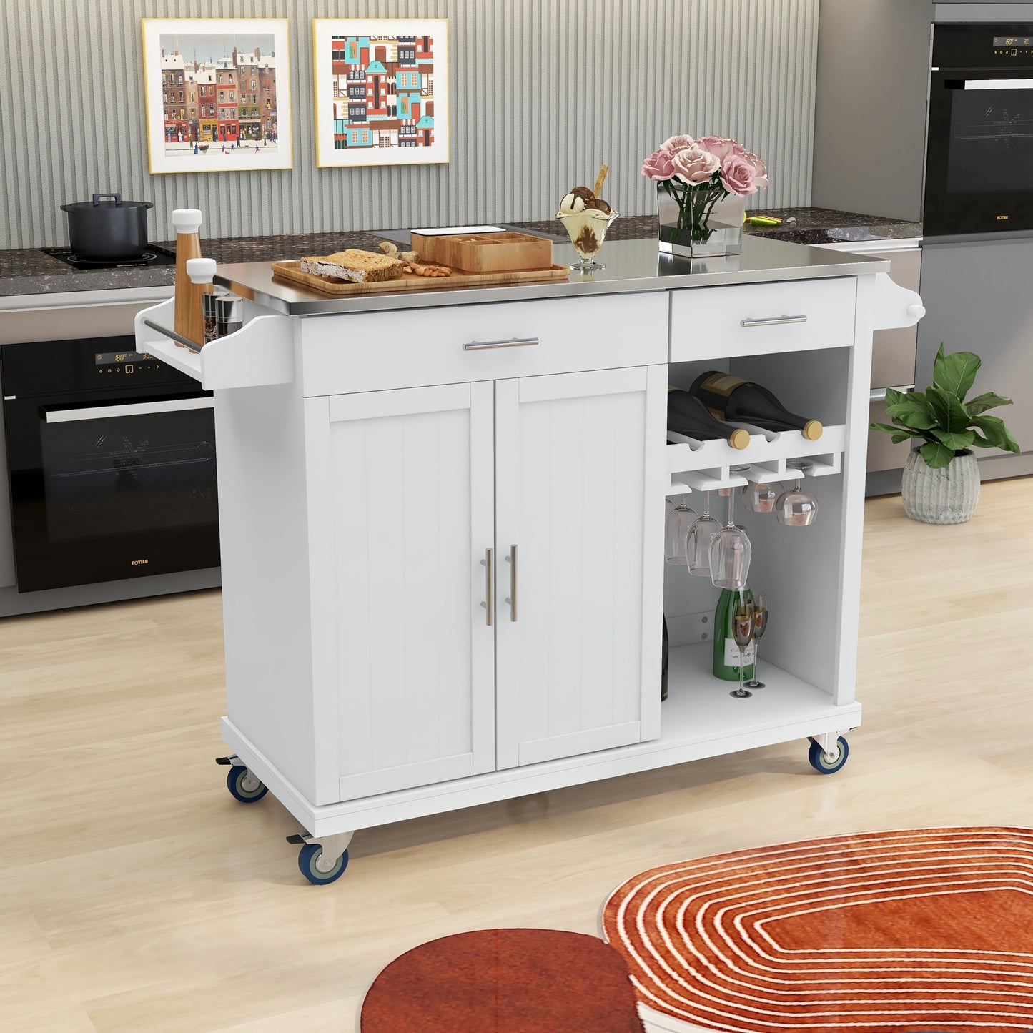 K&K Kitchen Cart with Stainless Steel Top and Storage Cabinet, Kitchen Island on Wheels with Two Drawers & Goblet Holder & Wine Rack & Spice Rack & Towel Holder, L51xW18xH37 Inches