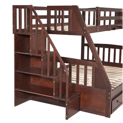 Twin-Over-Full Bunk Bed with Drawers，Ladder and Storage Staircase, Espresso