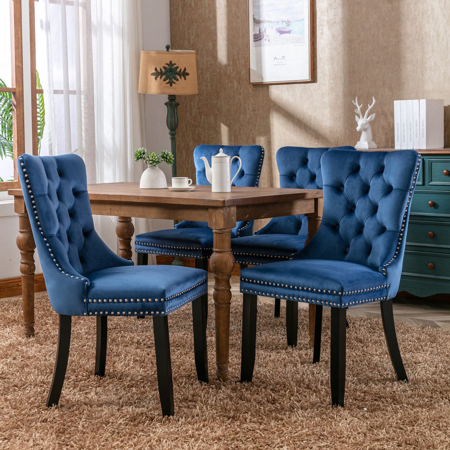 A&A Furniture,Nikki Collection Modern, High-end Tufted Solid Wood Contemporary Velvet Upholstered Dining Chair with Wood Legs Nailhead Trim  2-Pcs Set，Blue, SW8801BL