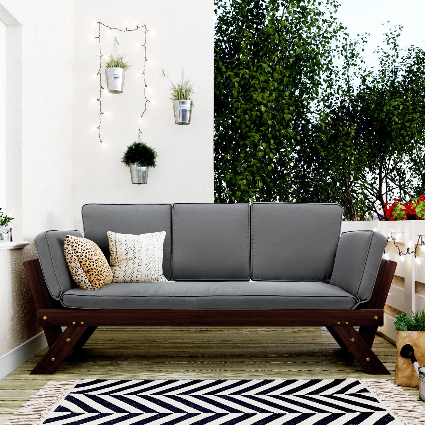 TOPMAX Outdoor Adjustable Patio Wooden Daybed Sofa Chaise Lounge with Cushions for Small Places, Brown Finish+Gray Cushion