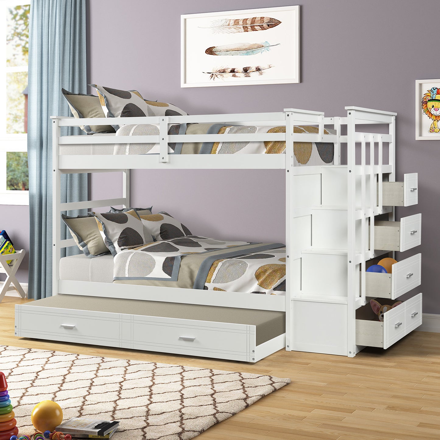 Solid Wood Bunk Bed, Hardwood Twin Over Twin Bunk Bed with Trundle and Staircase, Natural White Finish(OLD SKU :LP000068AAP)