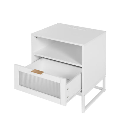 Nightstand with  LED Lights / Drawer, White Bedside Table for Bedroom