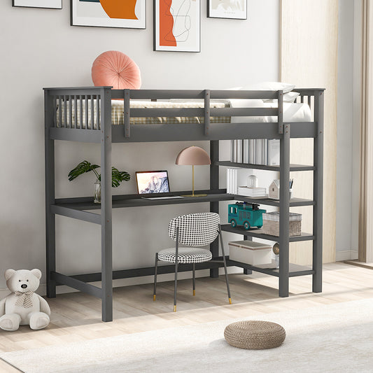 Twin Size Loft Bed with Storage Shelves and Under-bed Desk, Gray