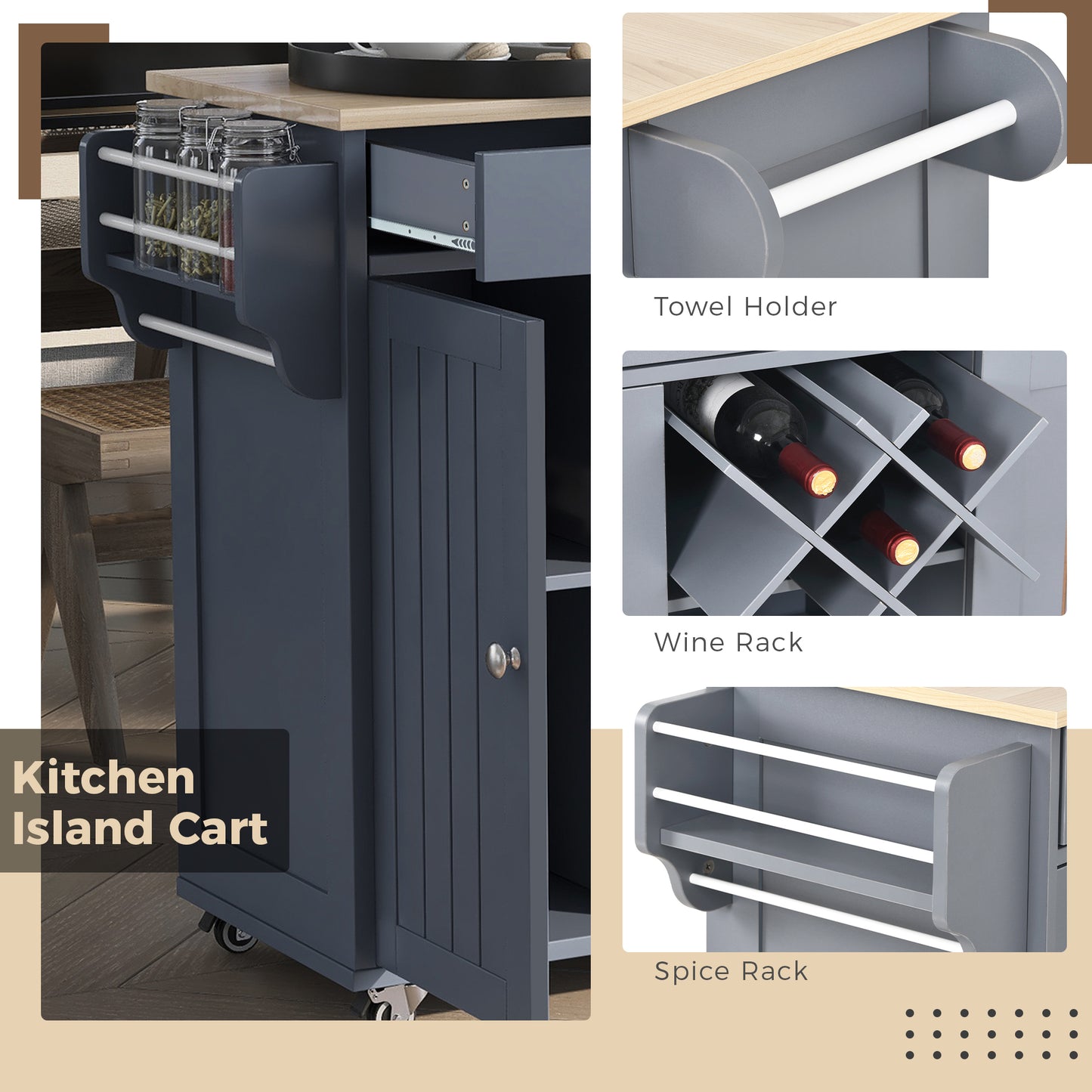 K&K Store Kitchen Island Cart with Two Storage Cabinets and Four Locking Wheels，Wine Rack, Two Drawers,Spice Rack, Towel Rack （Grey Blue）