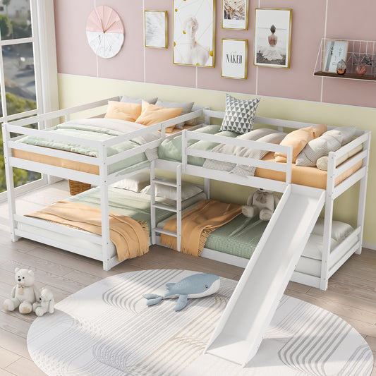 Full and Twin Size L-Shaped Bunk Bed with Slide and Short Ladder,White