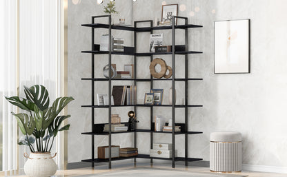 74.8 Inch Bookshelf L-shape MDF Boards Stainless Steel Frame Corner 6-tier Shelves Adjustable Foot Pads, Black