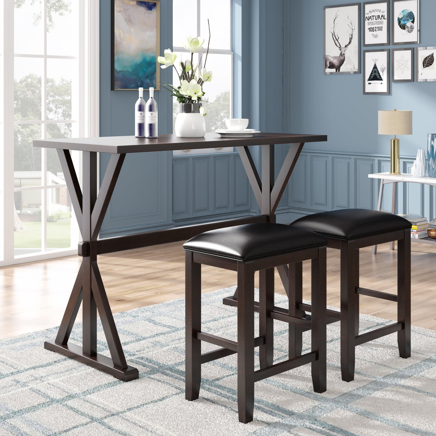 TOPMAX 3-Piece Counter Height Wood Kitchen Dining Table Set with 2 Stools for Small Places, Brown Finish+Black Cushion