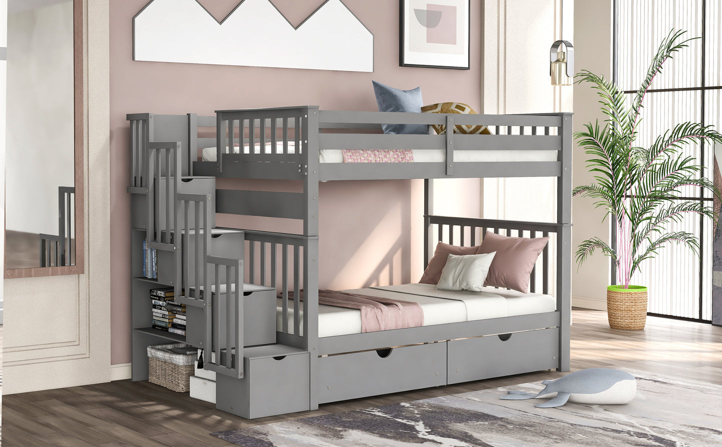 Full Over Full Bunk Bed with Shelves and 6 Storage Drawers, Gray(Old SKU：LP000046AAE)