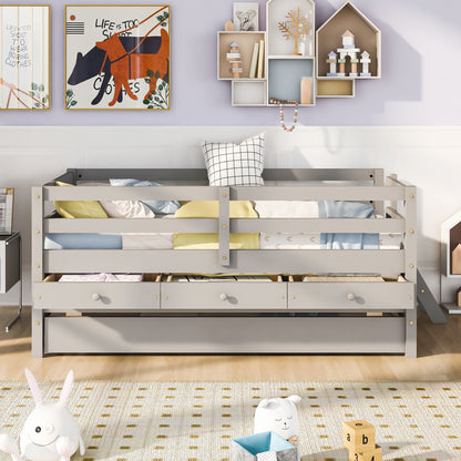 Low Loft Bed Twin Size with Full Safety Fence, Climbing ladder, Storage Drawers and Trundle Gray Solid Wood Bed