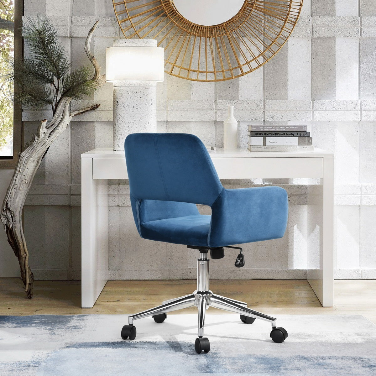 Velvet Upholstered Adjustable Swivel Office Chair, BLUE