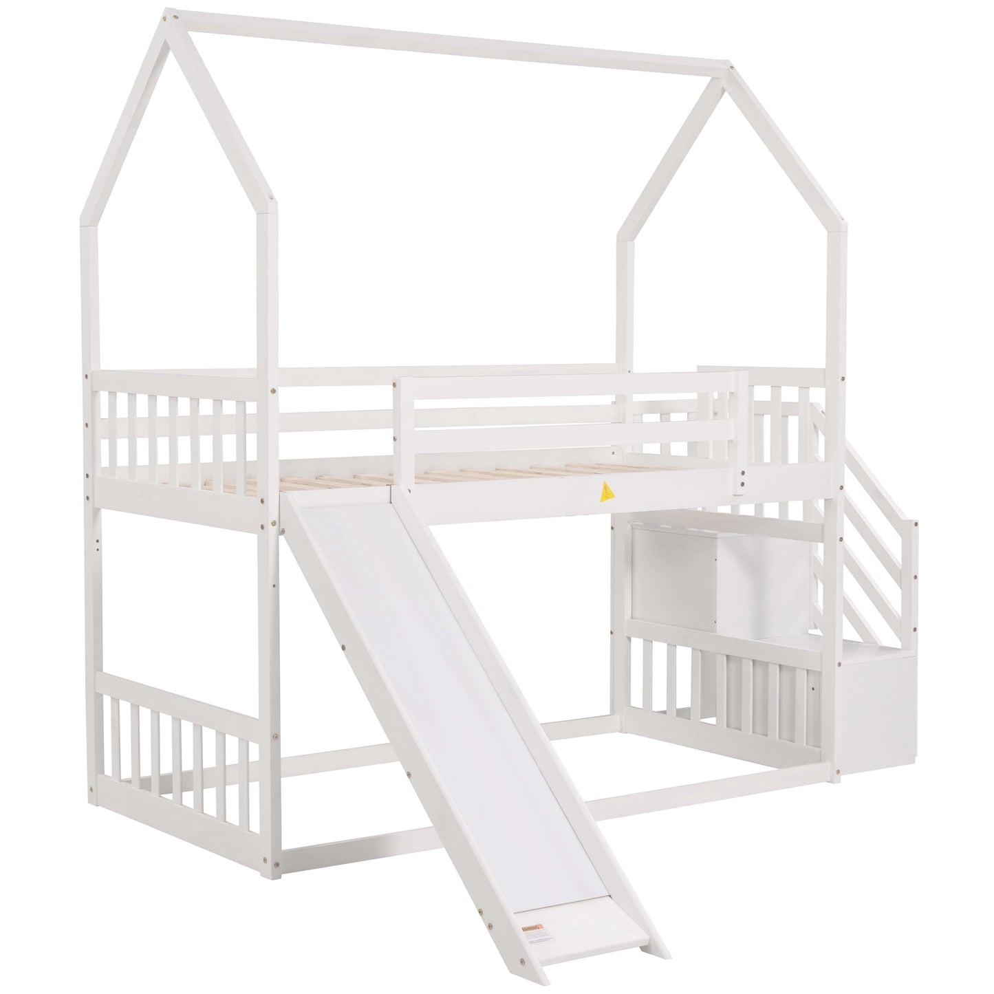 Twin over Twin House Bunk Bed with Convertible Slide,Storage Staircase,White