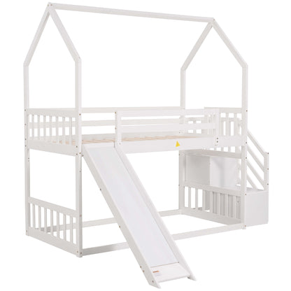 Twin over Twin House Bunk Bed with Convertible Slide,Storage Staircase,White