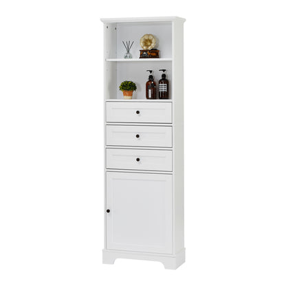 White Tall Storage Cabinet with 3 Drawers and Adjustable Shelves for Bathroom, Kitchen and Living Room, MDF Board with Painted Finish