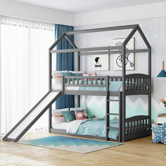 Twin Over Twin Bunk Bed with Slide, House Bed with Slide, Gray(OLD SKU: LP000213AAE)