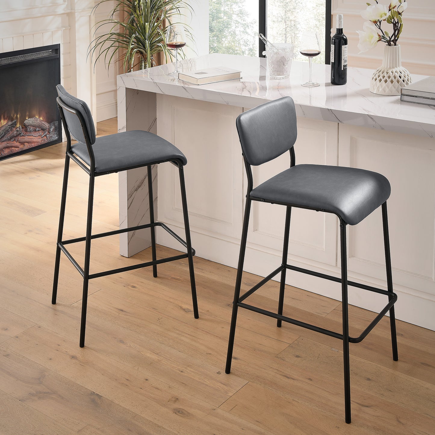 Pu Faux Leather Bar Stools Set of 2, Pub Barstools with Back and Footrest, Grey (18.25"x20“x38.5”）