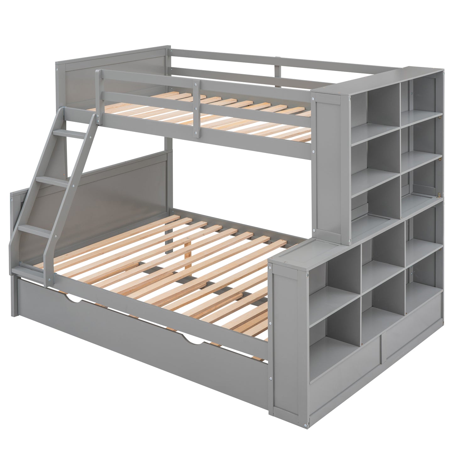 Twin over Full Bunk Bed with Trundle and Shelves, can be Separated into Three Separate Platform Beds, Gray